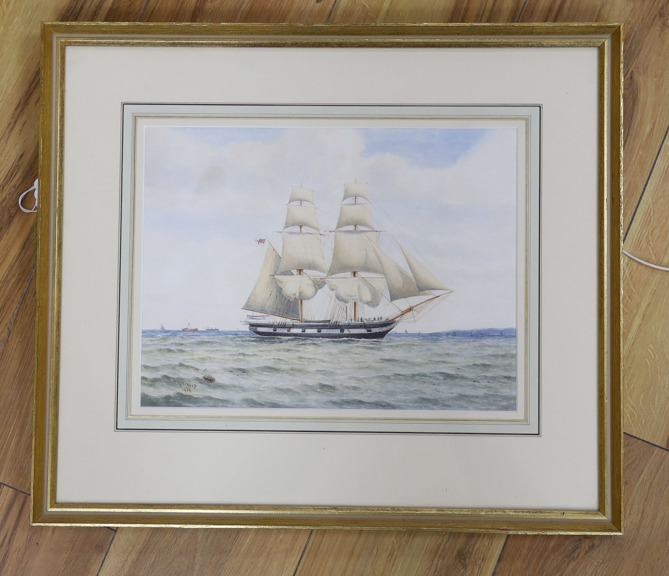 T. Robinson, watercolour, Ten gun warship at sea, signed and dated 1902, 25 x 33cm